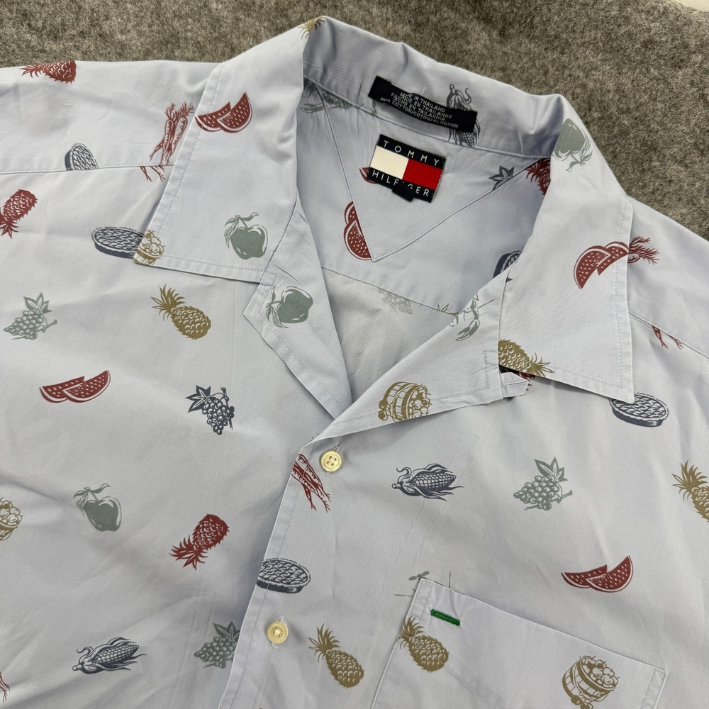 Tommy Hilfiger Button Down Mens L Blue Short Sleeve Novelty Fruit Lobster Print